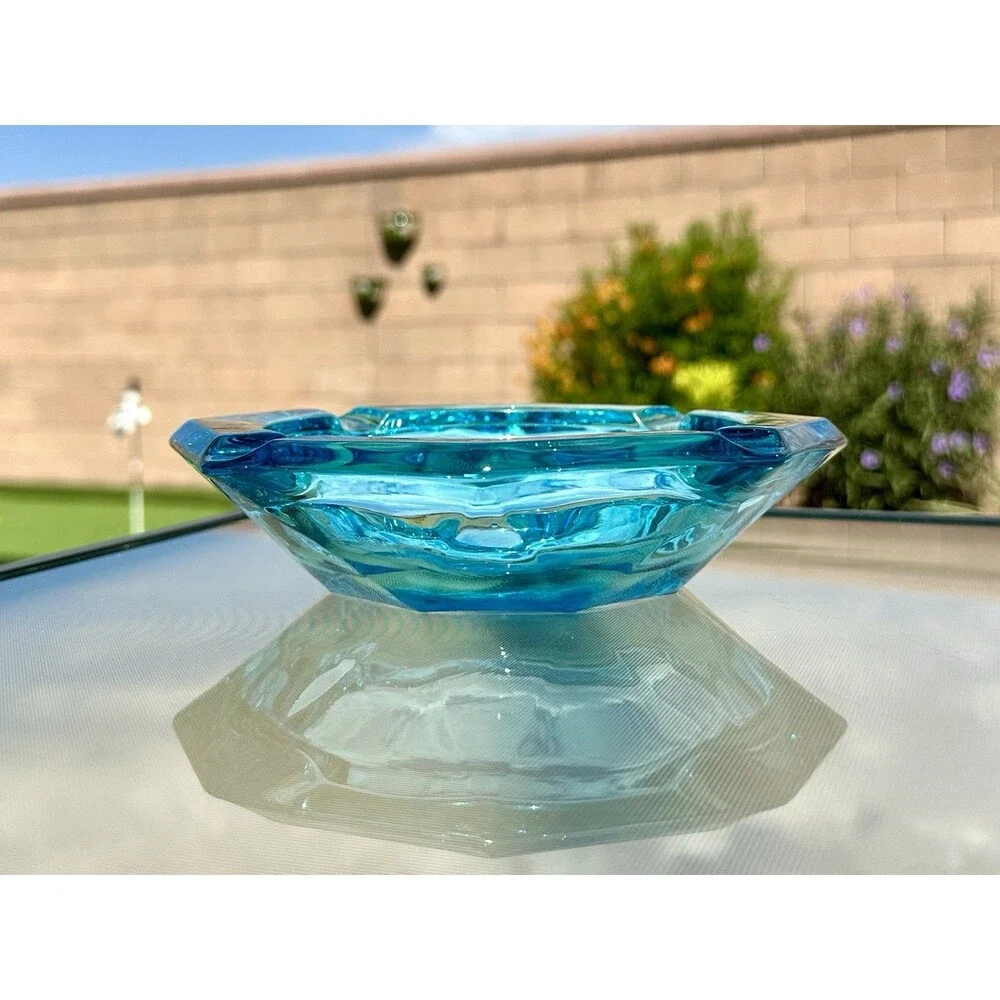 Vintage Hazel Atlas Capri Blue Glass Ash Tray Cigar Trinket Dish octagon 6 5/8